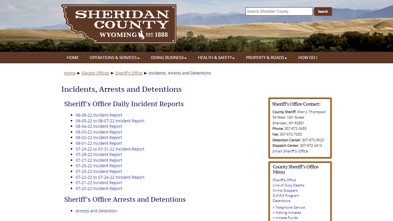 Incidents, Arrests and Detentions - Sheridan County Wyoming